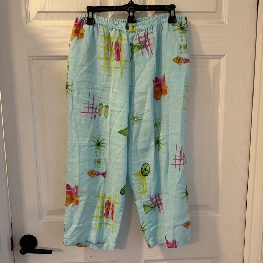 Cotton Connection Linen Pants Women L Blue Tropical Flip Flop Martini Cropped
